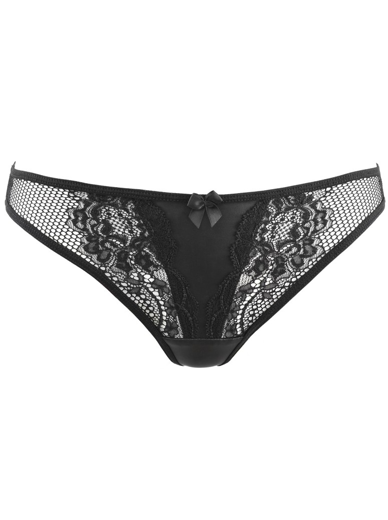 Axami Lingerie perizoma in pizzo nero ed ecopelle